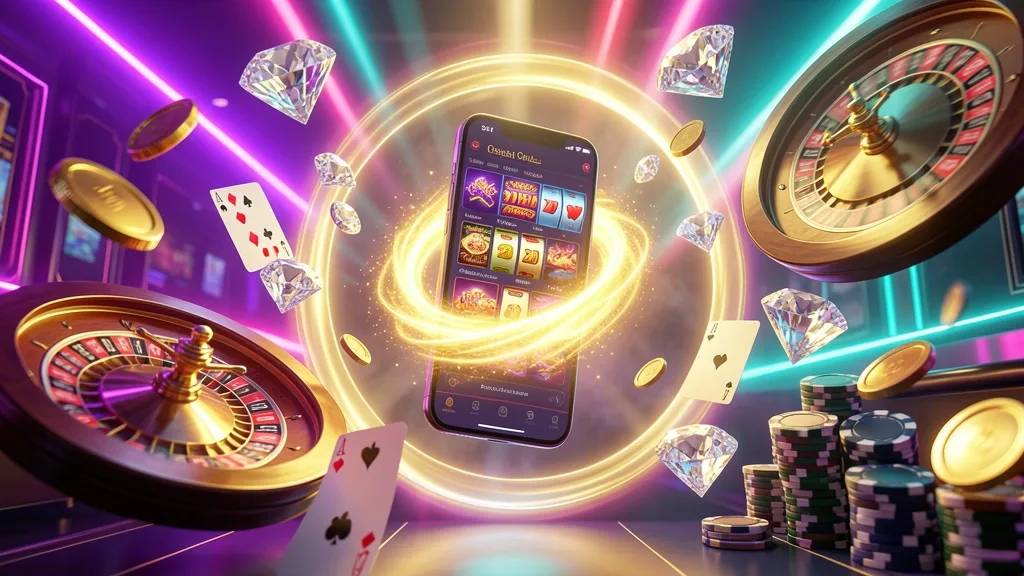 Teléfono flotante dentro de portal rodeado de elementos de casino