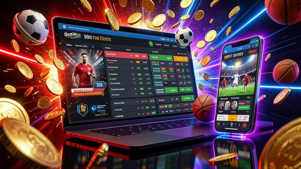 Laptop y teléfono muestran apuestas deportivas entre monedas y balones