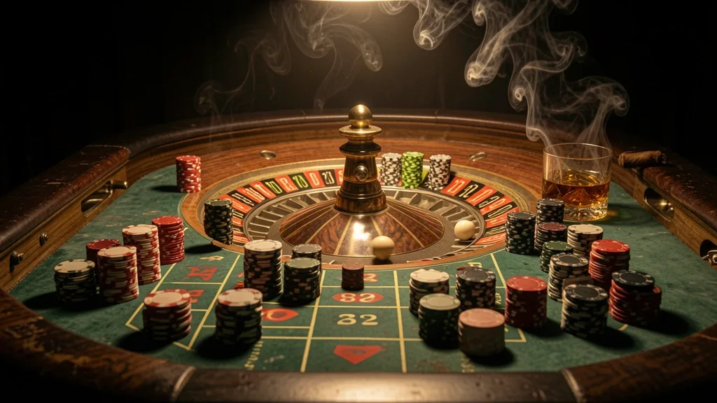 Ruleta clásica con fichas, whisky y humo sobre mesa verde