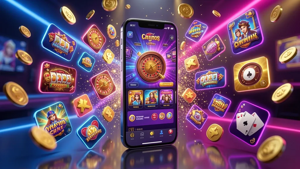 Teléfono muestra aplicación de casino rodeada de fichas y monedas