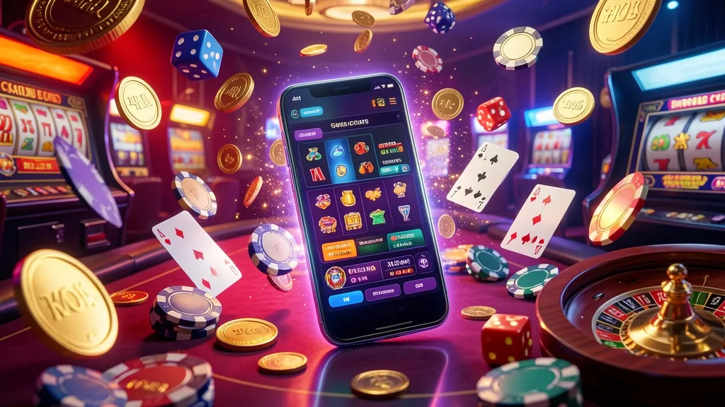Teléfono brillante rodeado de monedas, cartas, dados y símbolos tragamonedas