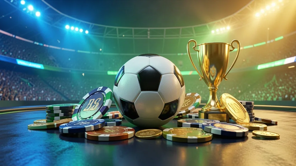 Balón de fútbol rodeado de fichas, trofeo y monedas doradas