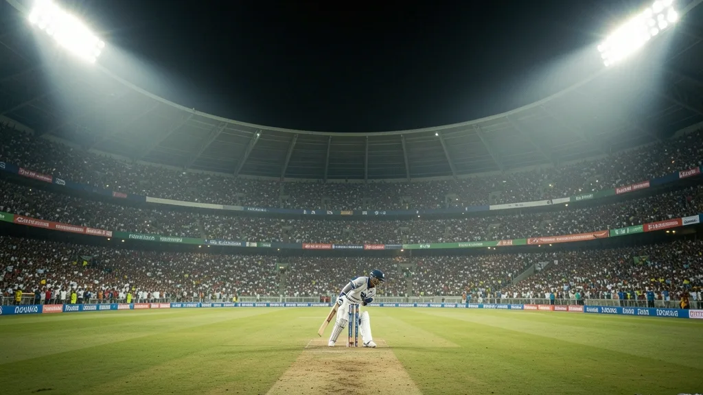 Estadio de cricket nocturno con bateador listo y gradas llenas