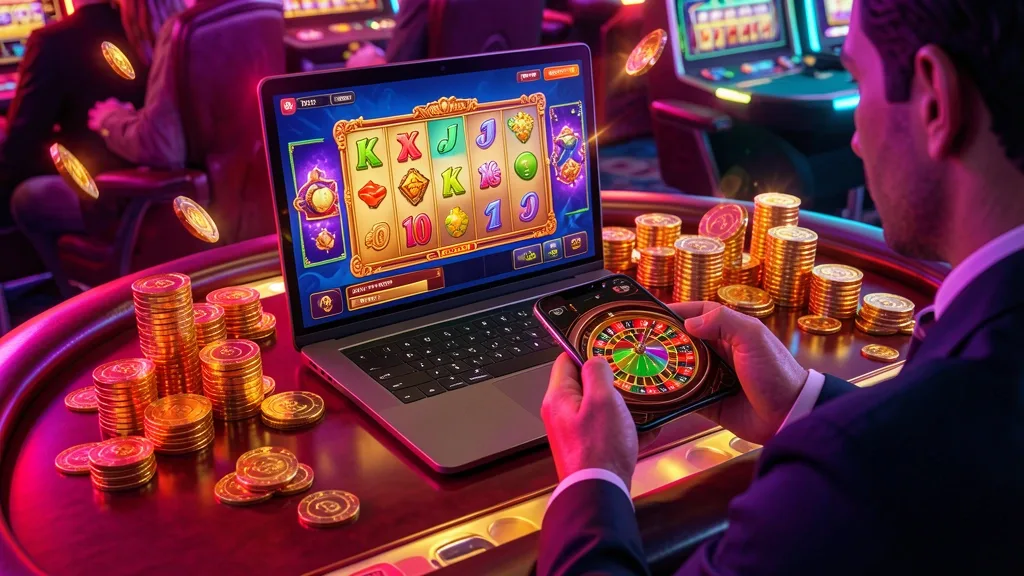 Jugador usa laptop y teléfono con juegos de casino digitales