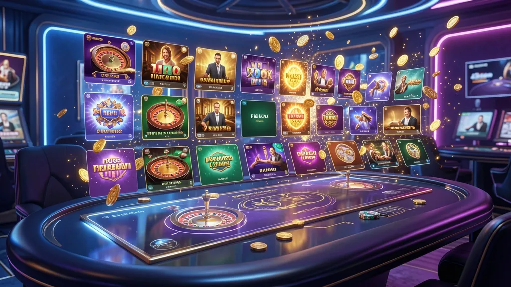 Lobby digital con juegos de tragamonedas, ruleta, póker y casino