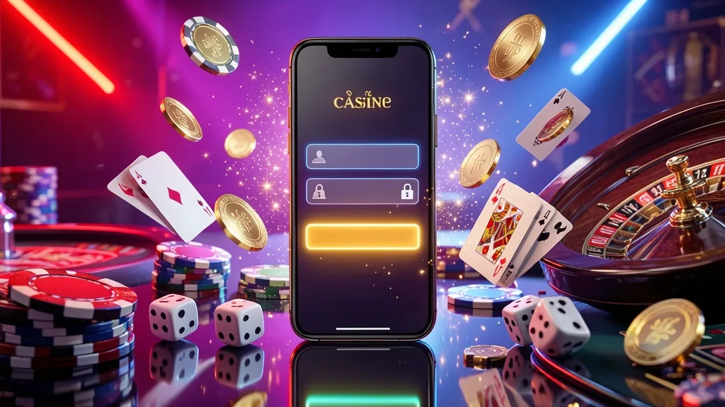Teléfono muestra pantalla de acceso rodeado de fichas, cartas y dados