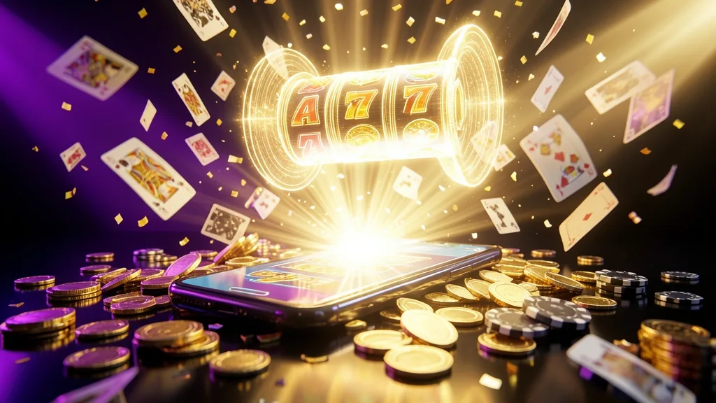 Teléfono brillante rodeado de monedas, cartas y fichas doradas
