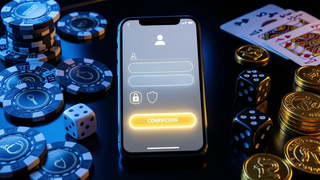 Teléfono muestra registro de cuenta rodeado de elementos de casino