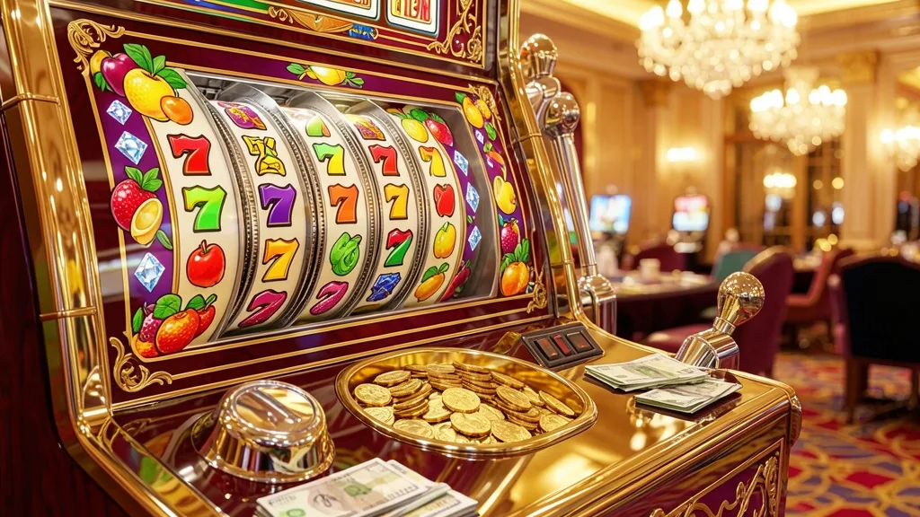 Tragamonedas de lujo muestra sietes ganadores y monedas desbordadas